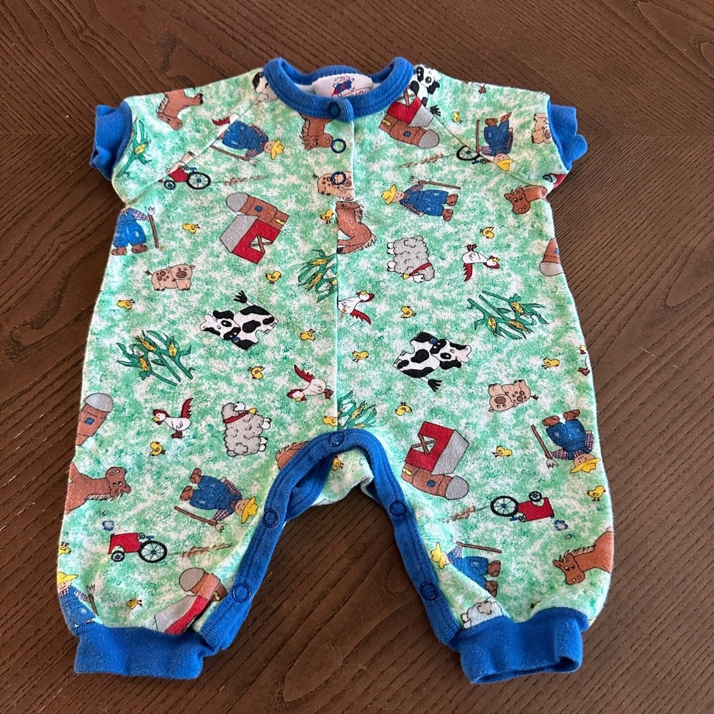 Vtg 90's Star Baby USA All Over Farm Cow Print 3/6 Months Outfit‎